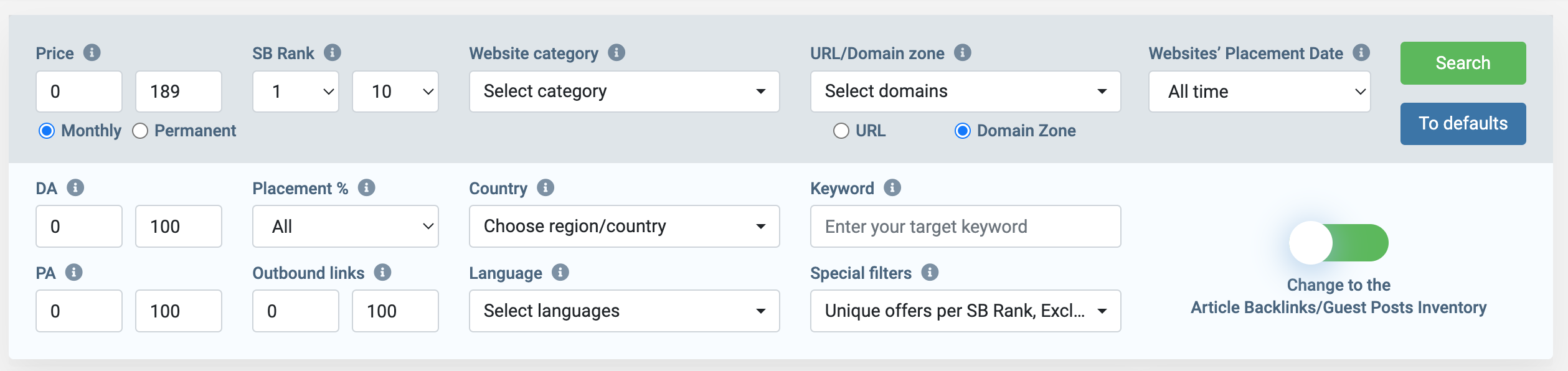 Buy Links filters