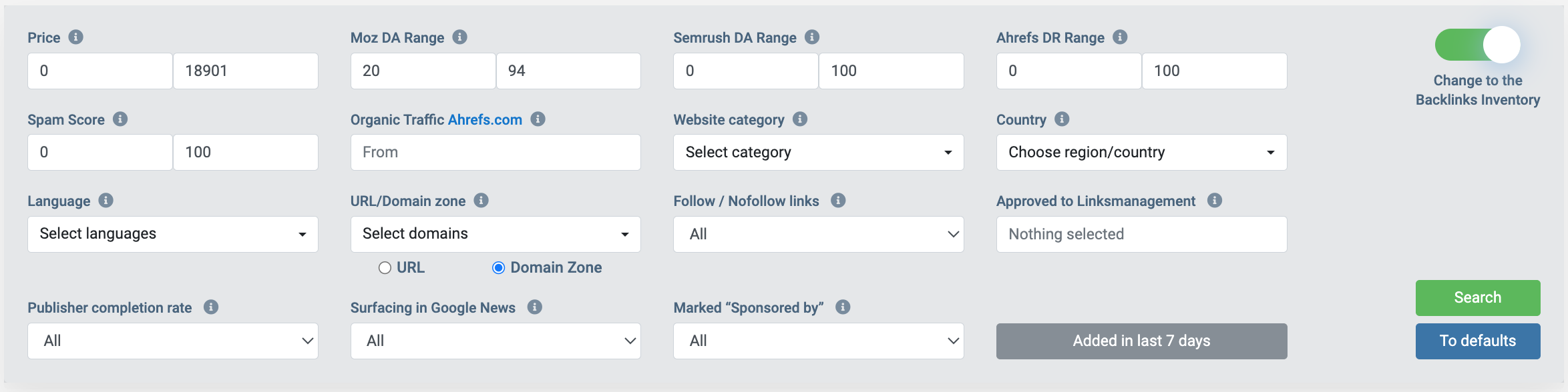 LinksManagement filters