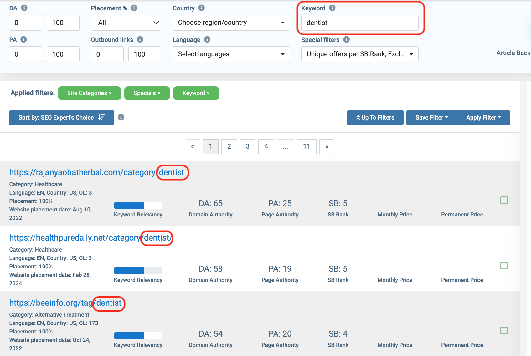 LinksManagement keyword filter